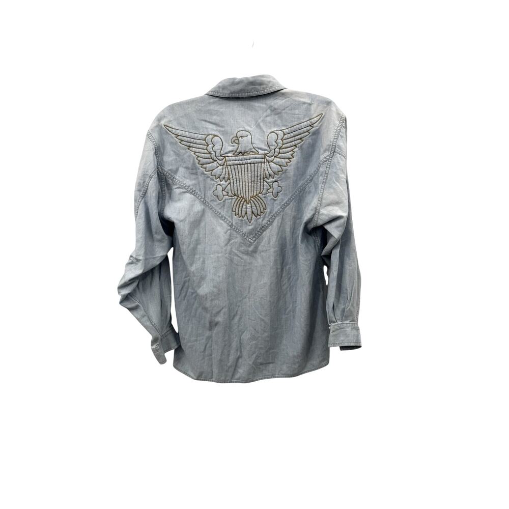 LizWear Size Small Light Wash Denim Button Down with Eagle and Star Embroidery